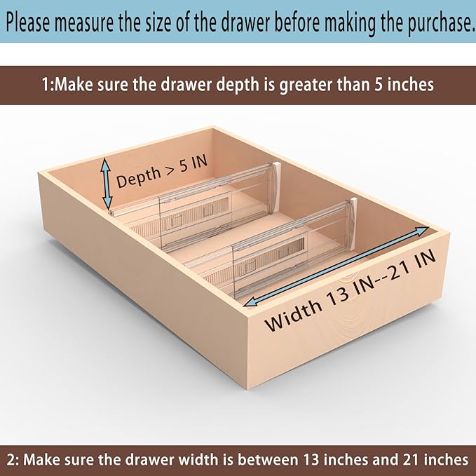 3 Pack Adjustable Heavy-Duty Drawer Dividers for Clothes,5" High Expandable From 13-21" Clear Drawer Organizers, PC Plastic Separators for Dresser/Bedroom/Bathroom/Kitchen/Office Storage