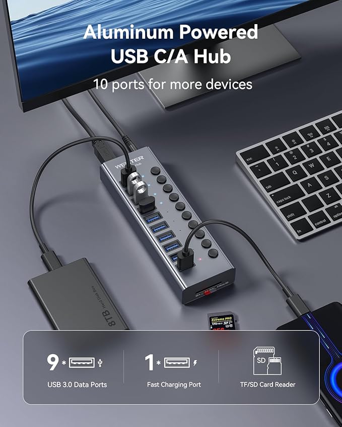 WENTER Powered USB Hub 3.0 with SD/TF Card Reader, Aluminum 10 Port Powered USB Hub (9 USB 3.0 Data Transfer Port & 1 USB Fast Charging Port Hub) USB 3.0 Hub for PC, Laptop