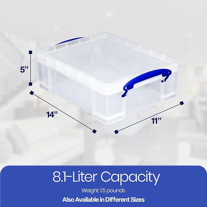 Really Useful Box Stackable 8.1L Plastic Storage Container Bin with Snap Lid & Built-in Clip Lock Handles for Home & Office Organization (10 Pack)