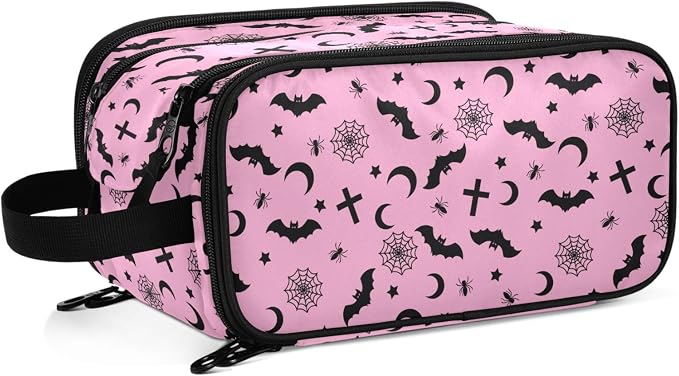 MNSRUU Travel Makeup Bag,Pink Goth with Bats Makeup Bag Large Capacity Portable Travel Toiletries Bag for Travel Size Cosmetic Bag Organizer, Women Toiletry Makeup Bag Organizer