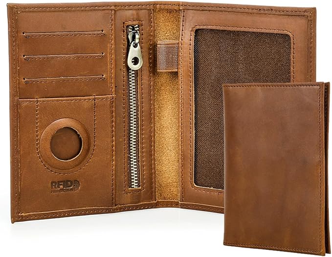 CONTACTS Full Grain Leather Passport Holder RFID Blocking Travel Passport Wallet Compatible with Airtag Passport Cover Case with 4 Cards Slots, Coin Pocket (Brown)