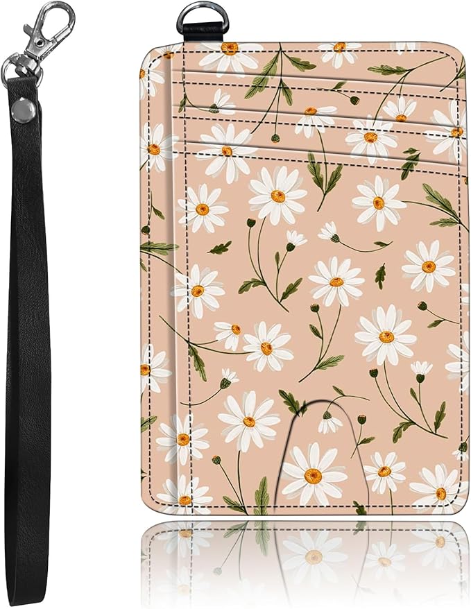 Slim Minimalist Front Pocket Wallet,Credit Card Holder Wallet for Women Men,RFID Blocking Credit Card Holder Case Leather Cute Small Thin Wallet ID Window&Wrist Strap,White Daisy Flower