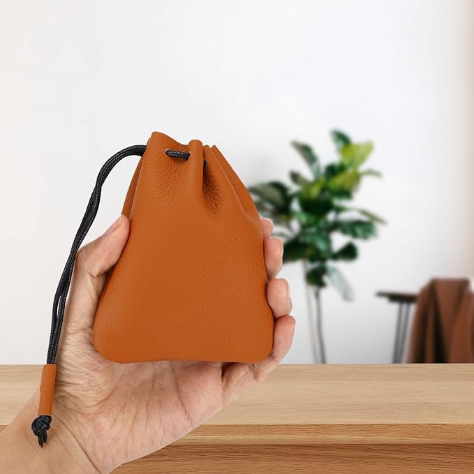 Penitue Leather Drawstring Pouch, Cowhide Vintage Leather Storage Bags Pouch Medieval Coin Purse Organizer for Earphone (Light Brown)
