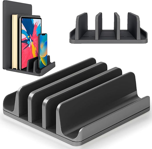 Elestoria 5- Slot Vertical Laptop Stand - Aluminum Laptop Stand Vertical for Desk - Fits MacBook Pro/Air, Surface, Mobiles & Gaming Laptops up to 17.3" - Heavy Duty Laptop Holder for Desk - (Black)