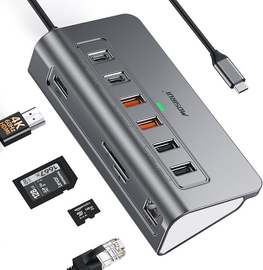 USB C Hub Ethernet,10-in-1 USB C Docking Station with 4K@60Hz HDMI,1Gbps Ethernet, PD 100W,Type C & 2 USB A 3.2 10Gbps, 2 USB A 2.0, SD/TF, Aluminum USB Hub for Laptop,PC, iPhone 17/16,Mac