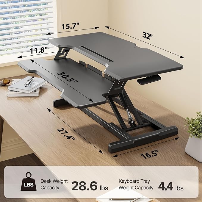 Standing Desk Converter 32 inch, Height Adjustable Sit Stand Desk Riser, Quick Sit to Stand Tabletop Dual Monitor Riser Workstation for Home Office with Keyboard Tray, Black