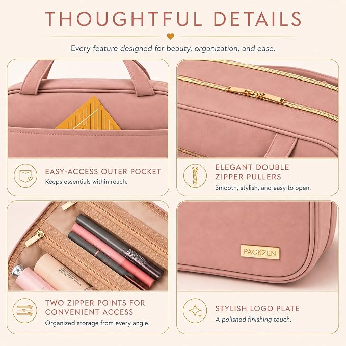 Pink Hanging Travel Toiletry Bag for Women, Large Makeup Bag and Cosmetic Organizer, Soft-touch Vegan Leather, TSA Approved Clear Pouch, Gifts for Women