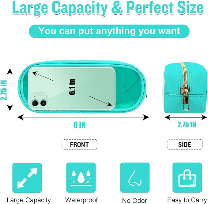 Nylon Small Clear Makeup Bag Slim Pencil Pouch, Cute Makeup Bag Preppy Cosmetic Zipper Pouch Pencil Case for Purse, Travel PVC Toiletry Bag Clutch Coin Pouch Makeup Brush Bag for Women Girl(Mint)