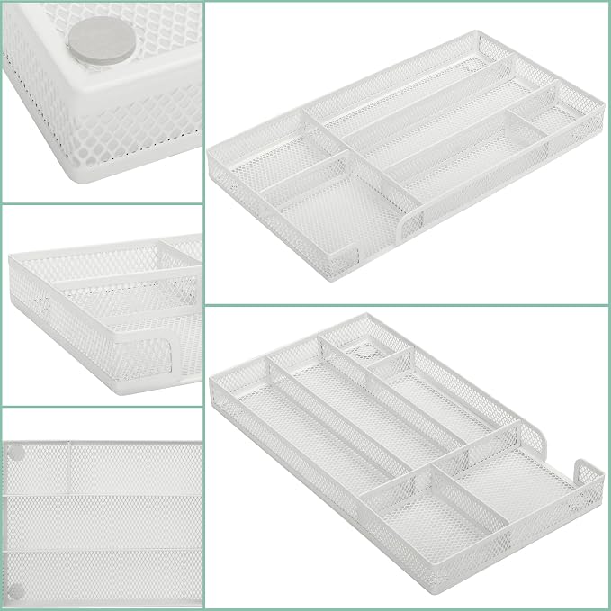 Annova Desk Drawer Organizer Tray for Office Organization - Metal Mesh - Storage Tray with Dividers for Pens, Desktop Accessories, Bathroom, Kitchen, Makeup and Office Supplies (Small, White)