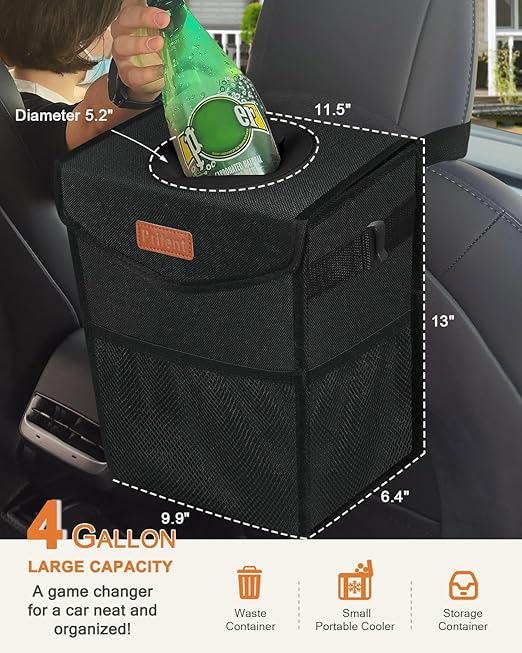 Pritent Car Trash Can with Lid, Cute Leakproof Car Trash Garbage Bag Hanging Vehicle Trash Bin Small Portable Automotive Garbage Cans Organizer for Back/Front Seat(4 Gallons,Black)