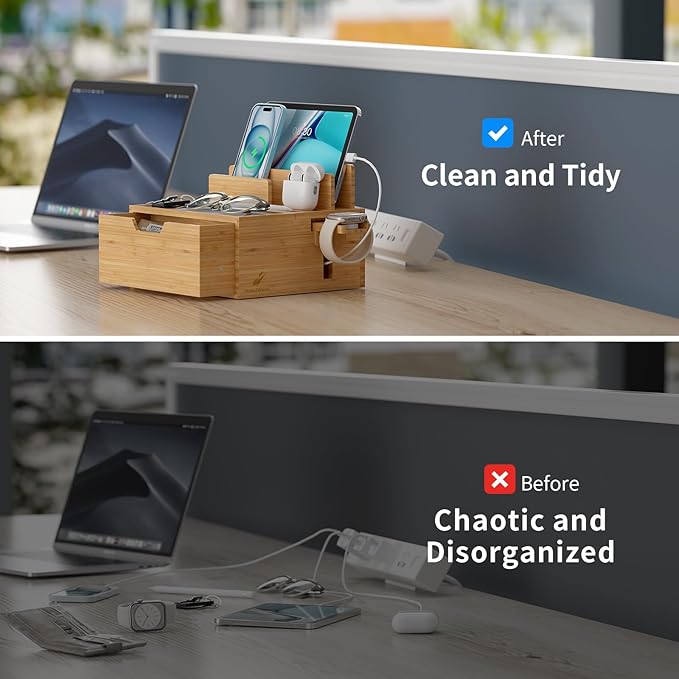 Multi-Device Charging Station Dock & Organizer, with Power Supply (5 Ports HUB), and Cables, Bedside Docking Station with Drawer Compartment -Natural Bamboo