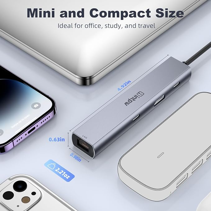 USB C Hub, intpw 6 in 1 USB C Multiport Adapter with 4K@60Hz HDMI, Gigabit Ethernet,100W PD, 5Gbps USB 3.0 Data Transfer, USB C Dongle for MacBook Pro/Air,iPad Pro and More