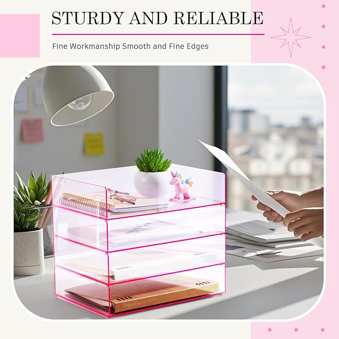 Harloon 4 Tier Paper Organizer Letter Tray Pink Acrylic Desk File Organizer Stackable Documents Letter Clear Paper Holder Sorter Office Tray for A4, Modern Office Classroom Home File Pad Books Notes