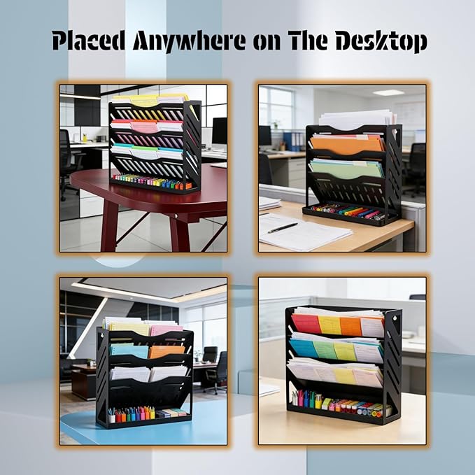 Yuxh Clamp on Desk File Organizer 4-Tier Wall Mail Holder Metal Hanging Paper Rack Black Office Bills Storage with Bottom Tray, Clip on Table Shelf 13" Wall Mount Stand, Stable without Shaking
