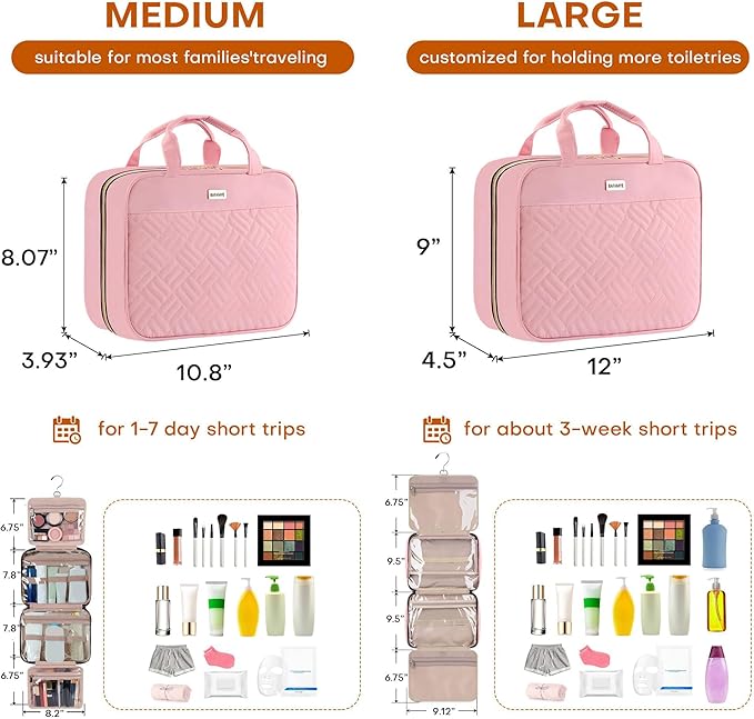 BAFAMYE Toiletry Bag Travel Bag with Hanging Hook, Water-Resistant Makeup Cosmetic Bag Organizer for Accessories, Full-Size Shampoo and Toiletries, Large, Light Pink, BAF-019