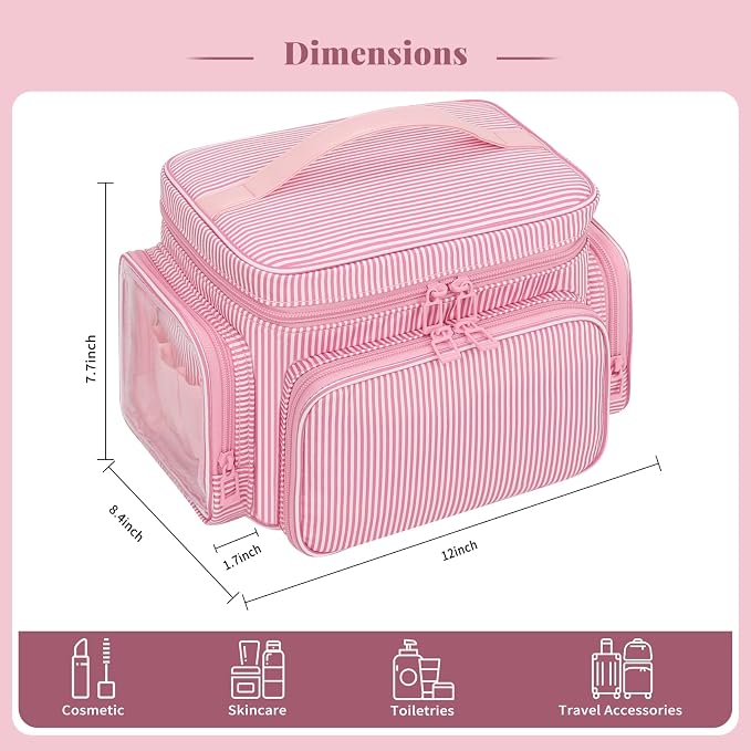 Large Makeup Bag, Portable Travel Makeup Bag Organizer for Women Girls with Makeup Brush Compartment & Two Side Pockets, Cosmetic Travel Bag Vertical Storage Toiletry Bag - Pink Stripe