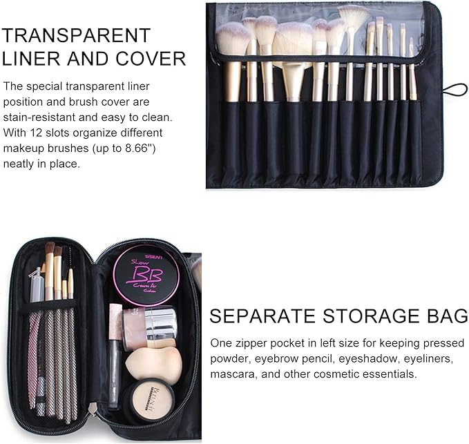 Makeup Brush Bag, Travel Makeup Brush Case Makeup Brush Holder Organizer Cosmetic Bag Portable Roll Up Brush Storage Bag for Makeup Brushes and Cosmetic Essentials (Black)