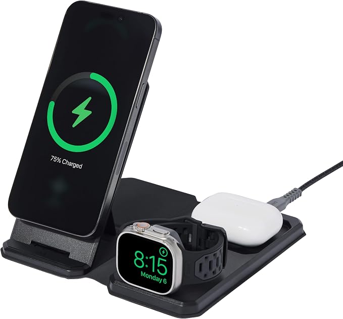 UAG SRGE 3-in-1 Travel Desktop Charger 15W Foldable Wireless Charging Station Compatible with MagSafe for iPhone 15, AirPods, Apple Watch, Black/Gray (25W USB-C PD Charger & Global Adapter Included)