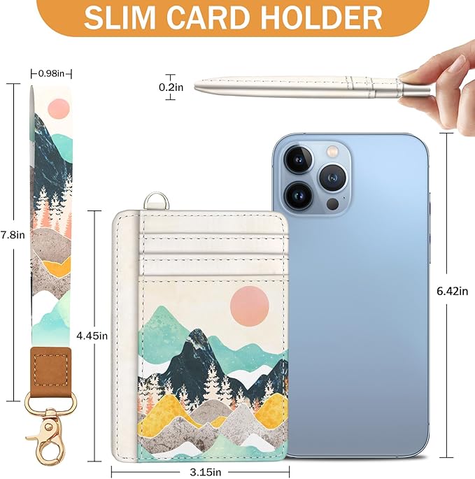 Yonlevres Sunrise Mountain Credit Card Holder Slim Wallet, RFID Wallet Women Front Pocket Wristlet Lanyard, Small Card Holder Travel Funny Cute Thin Card Case ID Window PU Leather Card Organizer Gifts