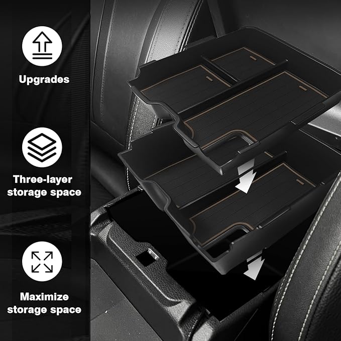 Muslogy Center Console Organizer Compatible with Ford Ranger 2024 2025 2026 & Raptor Accessories Two-Layer Storage Box Insert Tray Secondary Storage Divider Armrest ABS Material Glove Box (Sandstone)