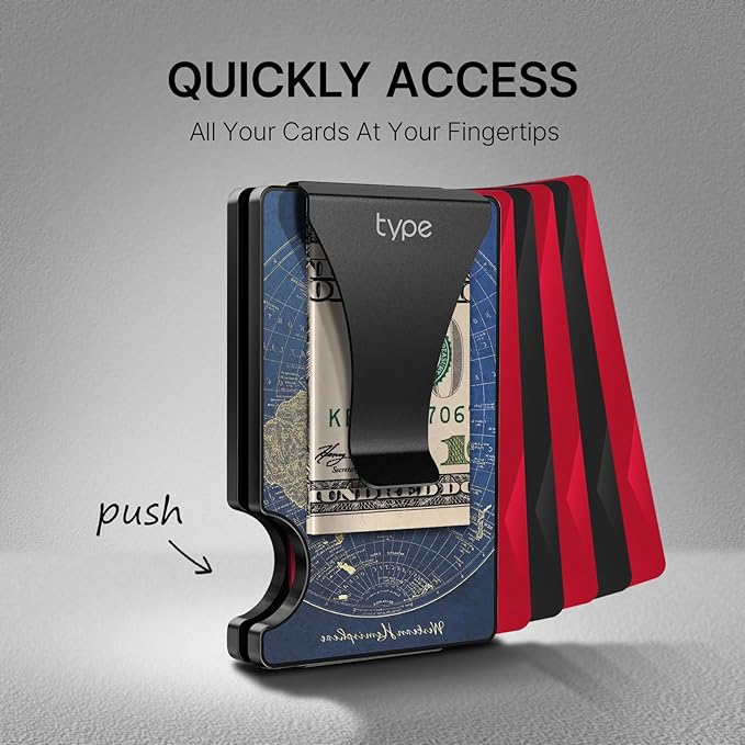 typecase Minimalist Wallet for Men: Metal Card Holder with Removable Money Clip, RFID Blocking, Slim, Utral Thin, Small, Front Pocket, Hold up to 15 Credit Cards (Map)