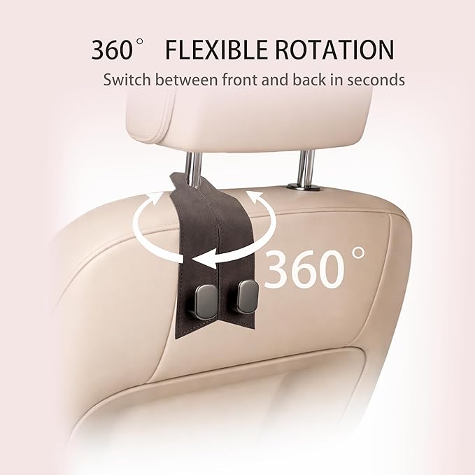 Premium Leather Car Headrest Hooks for Purses, 2 Pack Heavy Duty Car Seat Hooks, 360° Rotatable Back Seat Hanger Organizer, Metal Car Hooks for Bags, Groceries, Handbags (2, Brown)