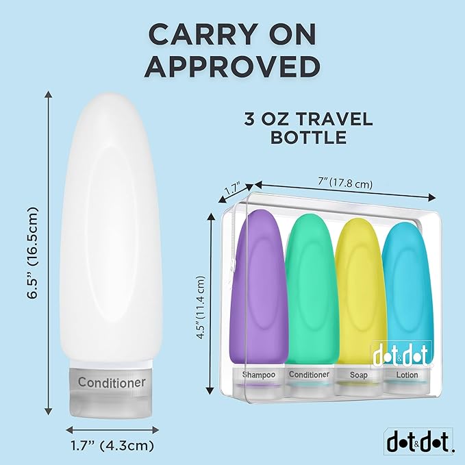Dot&Dot Leak Proof Travel Bottles - Tubes for Liquid TSA Approved 3oz Silicone Toiletries Travel Shampoo & Conditioner Containers with Labels