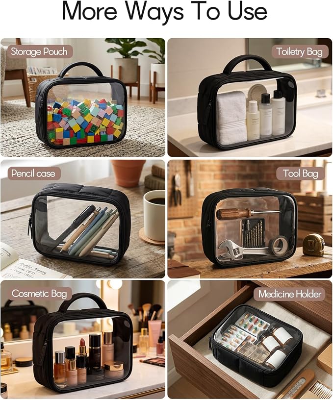 Moyad TSA Approved Clear Toiletry Bag, Quart Size 3-1-1 Liquids Pouch with Smooth Zipper, Wide Opening Transparent Makeup Organizer for Carry On Travel, Lightweight for Women Men (Black-2pcs)