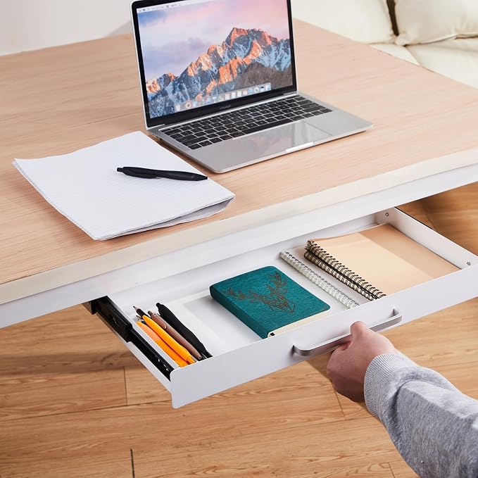 Under Desk Drawer Organizer 21" White Upgrade with Adjustable Brackets, Sliding Pull-Out Under Table Pencil Drawer, Office Standing Desk Attachment for Workbench