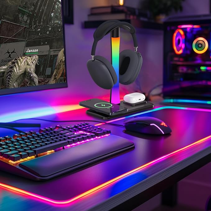 Headphone Stand with Wireless Charger,Gaming Headset stand with RGB Light Mode,For Airpod Max Stand Compatible with Airpod Pro/3/2,For iPhone 17/16/15/14/13/12/11,Gifts for Gamers & Music Lover(Black)