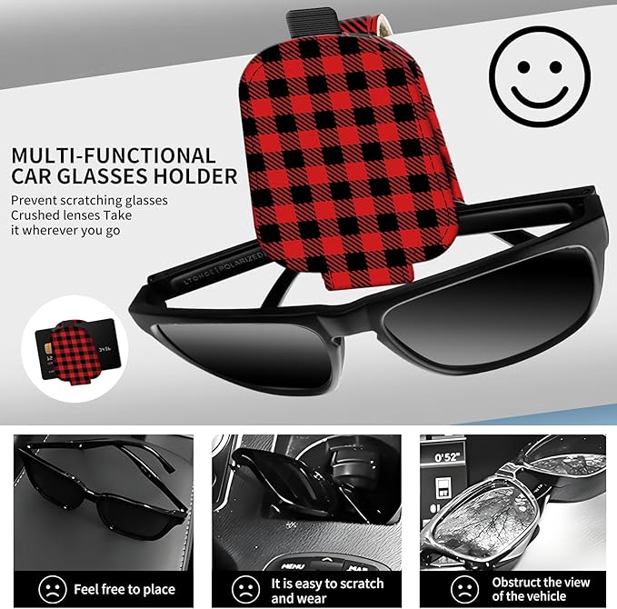 Leather Magnetic Sunglass Holder for Car Sun Visor, Cute Eyeglass Ticket Card Hanger Clip, Universal Auto Interior Accessories for SUV Pickup Truck Red Plaid
