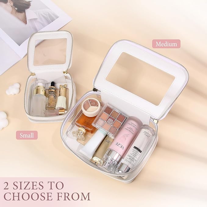 Pinkmik Clear Makeup Bag with Zipper Waterproof Travel Set for Cosmetics and Toiletries Women's Purse Organizer and Car Essentials (White, M+MINI-1)