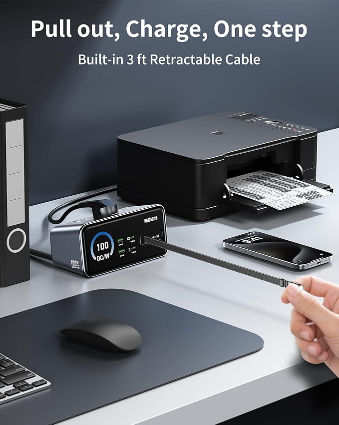 MOKiN 8-in-1 Charging Station, 3 USB-C,2 USB-A,3 AC, GaN Desktop Charger Station with Retractable Cable, 1500J Surge Protector Power Strip for iPhone 17/16,MacBook Pro, Laptop,Gaming Desk Accessories