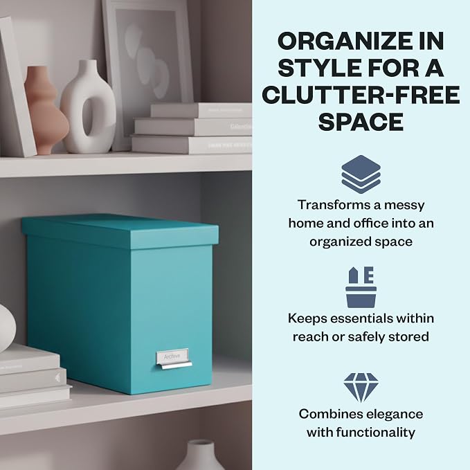Bigso John Fiberboard Label Frame Desktop File Storage Box - Document Organizer for Important Paperwork - Durable Hanging File Box with a Lid & Metal Label Window - 7.36 x 13.38 x 10.51 in - Turquoise