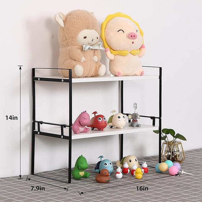 Desk Shelf Organizer for Top of Desk, Detachable 2 Tier Desktop Bookshelf, Wooden Desk Shelves Storage Rack, Small Desktop Shelf for Office Home Dorm, Tabletop Desk Organizer Stand (White+Black)