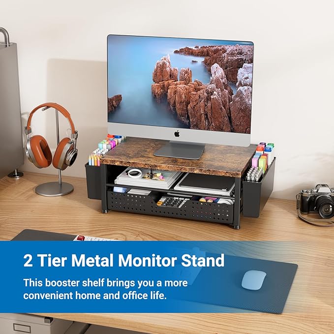 Wood Metal Monitor Stand Riser, Laptop Stand for Desk, Office Desk Organizer and Accessories, Computer Desktop Shelf with Drawer and Pen Holder, Printer Stand for Home, Office, Dorm (Brown)