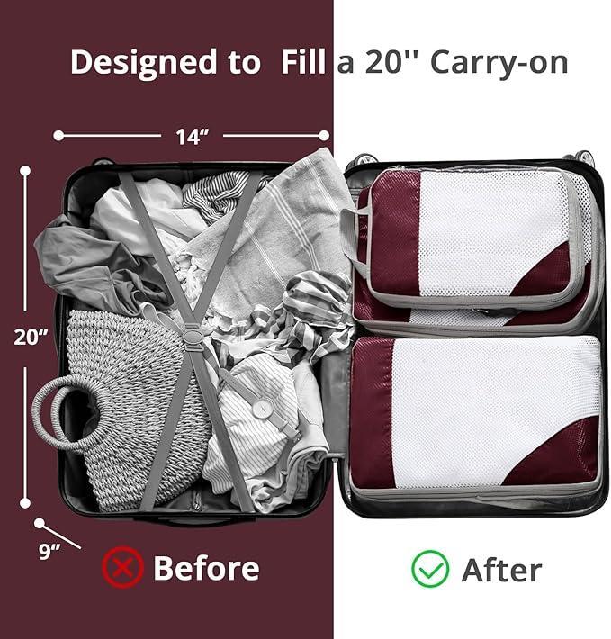 9 Set Compression Packing Cubes for Travel - Compressible, Lightweight, and Space-Saving Packing Cubes, Travel Essentials for Women, Wine
