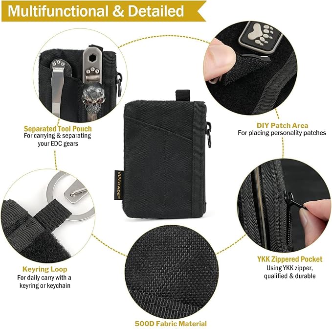 VIPERADE VE17 Small EDC Pouch, EDC Pocket Organizer with DIY Patch Area, Mini EDC Pouch with Zipper Pocket, Small Card Pocket, 2 Slots Pocket for EDC Black