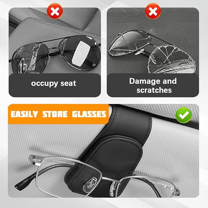 Sunglasses Holder for Car Visor, Microfiber Leather Magnetic Sun Visor Eyeglasses Hanger & Ticket Card Clip, Multi-Function Automotive Interior Glasses Mount, Universal Fit (Black)