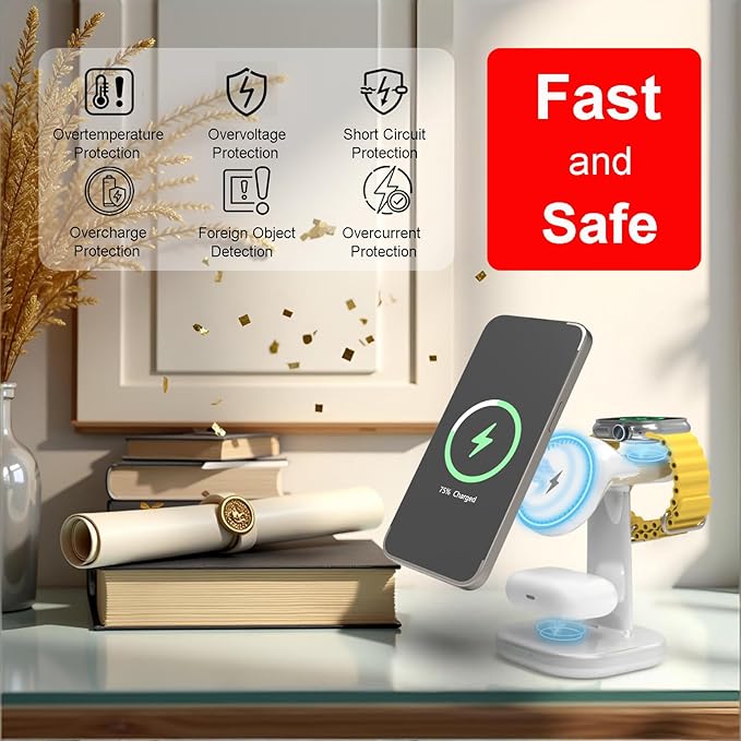3 in 1 Wireless Charging Station for Magsafe Charger Stand,Magnetic Phone Charger for iPhone,for Apple Watch,for Airpods,for Magsafe Charging Station (White)
