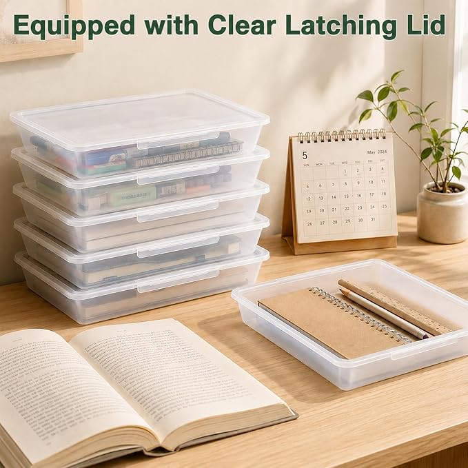 12 Pack Flat Storage Paper Tray with Clear Latching Lid Letter Size Organizer Bin Tray Plastic Latching File Organizer for Classroom Library School Office Teacher Desktop Book Organization (Clear)