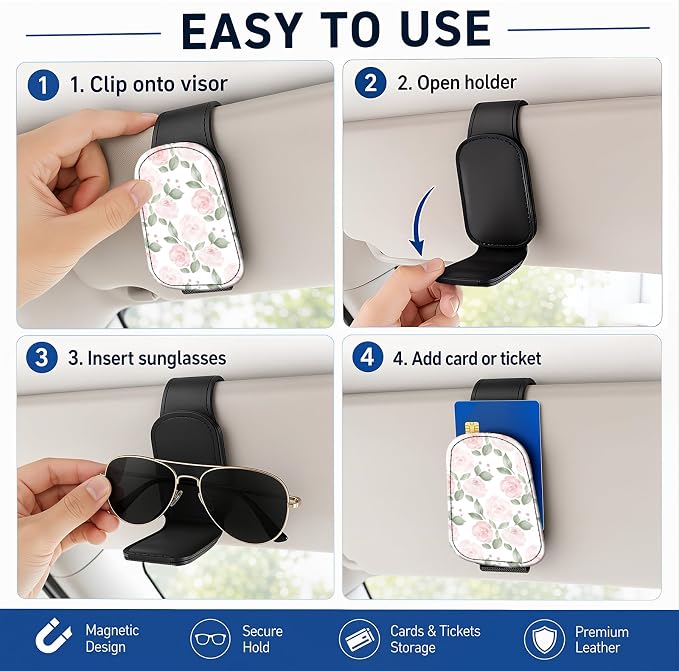 Leather Magnetic Sunglass Holder for Car Sun Visor, Cute Eyeglass Ticket Card Hanger Clip, Universal Auto Interior Accessories for SUV Pickup Truck, Soft Rose