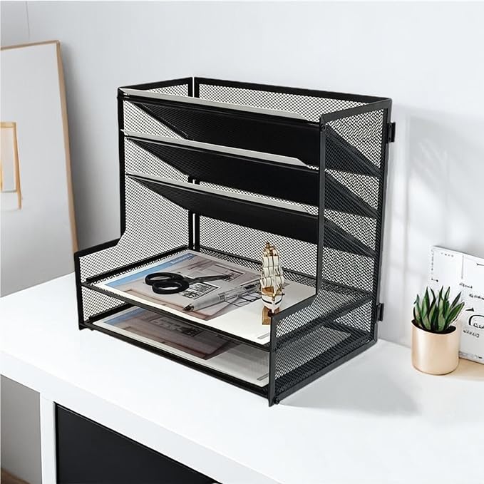 SETTFRFE Metal Desktop File Holder Organizer with 5 Tier Paper Tray, Office Supplies Desk Organizer, Black