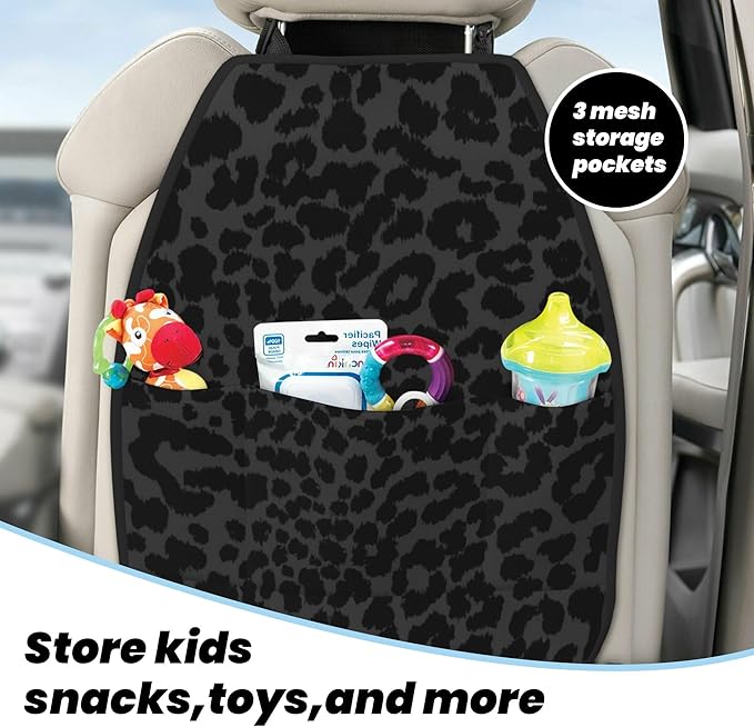 2 PCS Black Leopard Print Car Backseat Organizer,Waterproof Oxford Kick Mats Back Seat Protector with 3 Storage Pockets,Car Back Seat Organizer for Kicking Feet Pet Scratch