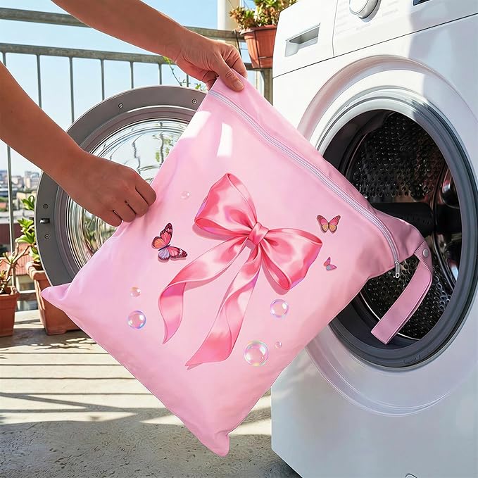 2 Pcs Large Travel Laundry Bags Waterproof Wet Dry Bag, Washable Dirty Clothes Bags for Travel，Drawstring, Bathing Suit, Workout, Gym Clothes Laundry, Swimming Pool & College Dorm, Pink Butterfly Bow