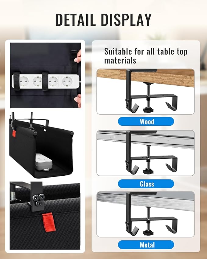 48" No Drill Under Desk Cable Management Tray - Upgraded Oxford Fabric with Cable Loop, No Damage to Table for Standing Desks and Home Office (Extra Large (48 Inch))