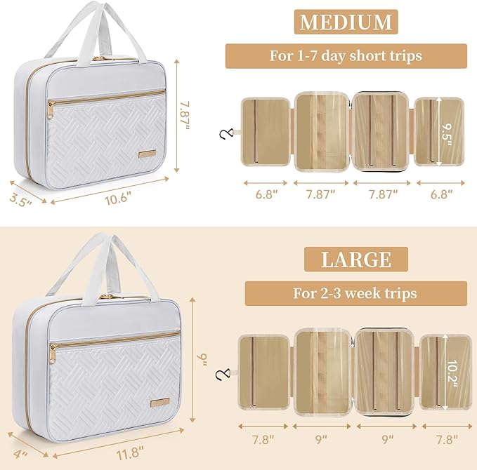 Travel Toiletry Bag for Women & Men Water Resistant Makeup Bag with Hanging Hook Portable Travel Organizer for Travel Accessories, Travel-Sized Shampoo, Toiletries (Large-White)