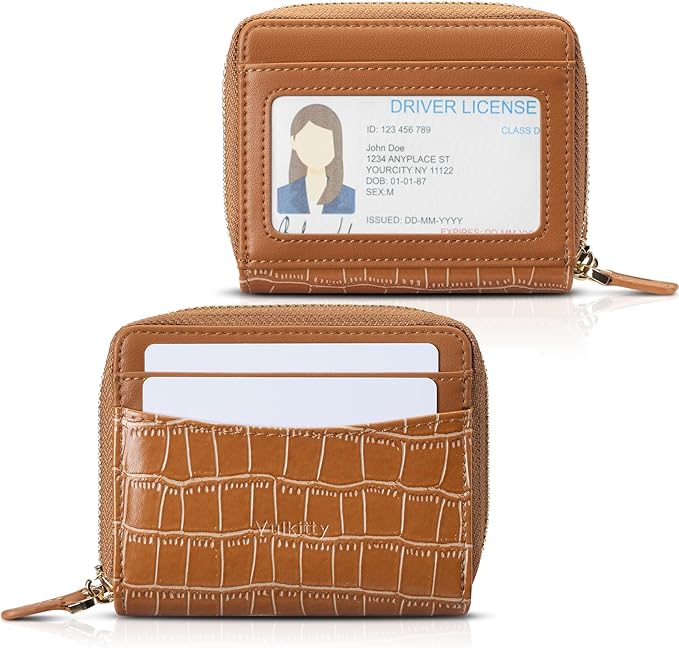 Vulkitty Zipper Credit Card Holder for Women, Leather RFID Blocking Card Wallet, Card Case for Female, Ladies Wallet with Zip Coin Pocket, Dark Brown