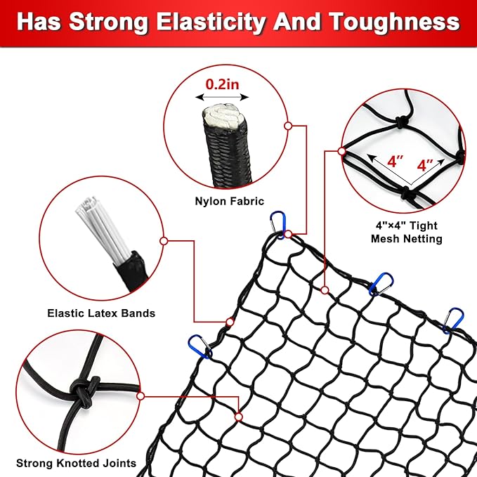 4’x6’ Truck Cargo Net Expands to 8' x 12' with 4"x4" Mesh Grid Super Duty Bungee Heavy Duty Bed Netting for Truck Bed Stretches with 12 Adjustable Metal Carabiners by Cenipar