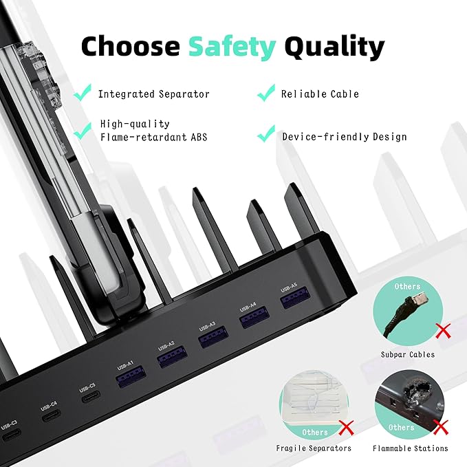 420W Charging Station for Multiple Devices, Zobirez 10-Port USB C Fast Charger Stations for MacBook, iPhone, Android Cell Phone, iPad, Tablet, Family Multi-Device Organizer Charging Dock, Black